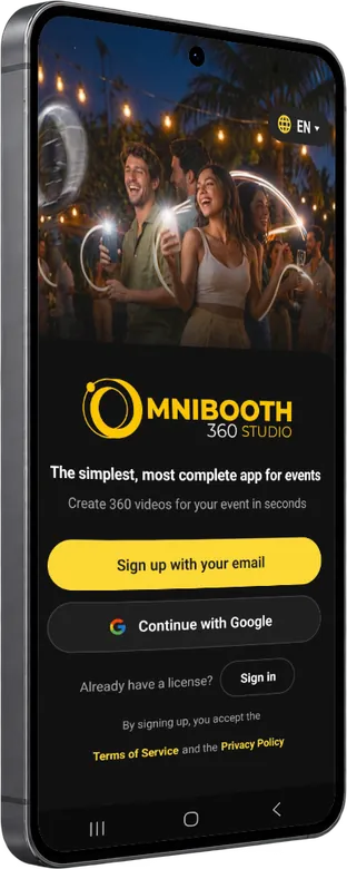 App Omnibooth 360 Studio para fotomatón 360 en un móvil Android: pantalla de inicio