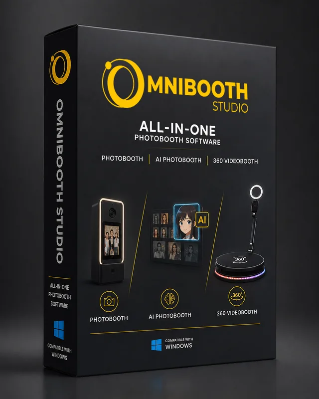 Caja del software de fotomatón Omnibooth Studio: fotomatón, fotomatón con IA y videobooth 360 para Windows